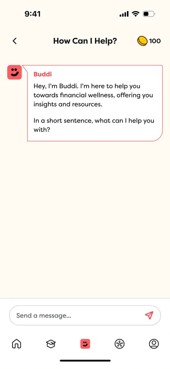 Buddi chat screen offering to help with a financial question