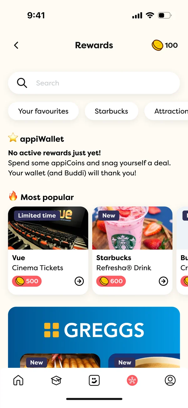appiWallet rewards marketplace showing Vue tickets at 500 coins, Starbucks at 600 and a Greggs banner