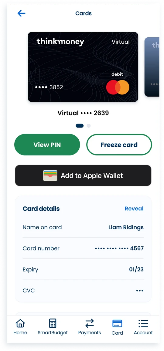 Card management screen with freeze, reorder and lifecycle options