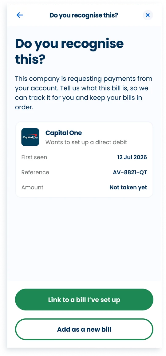 Direct debit provider and mandate matching screen